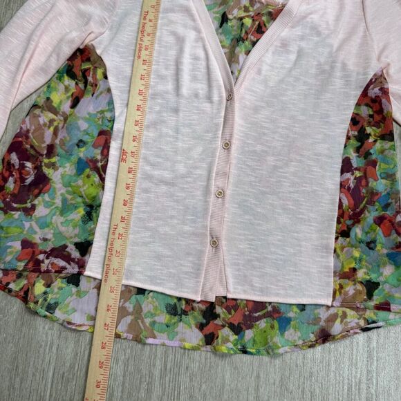 Democracy Womens Cardigan Button Front Semi Sheer L Pink Floral Roll Up Sleeve - Picture 6 of 6